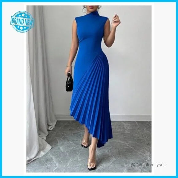 Pleated Maxi Dress Elegant Mock Neck Sleeveless Asymmetrical Cocktail Party - Picture 4 of 5